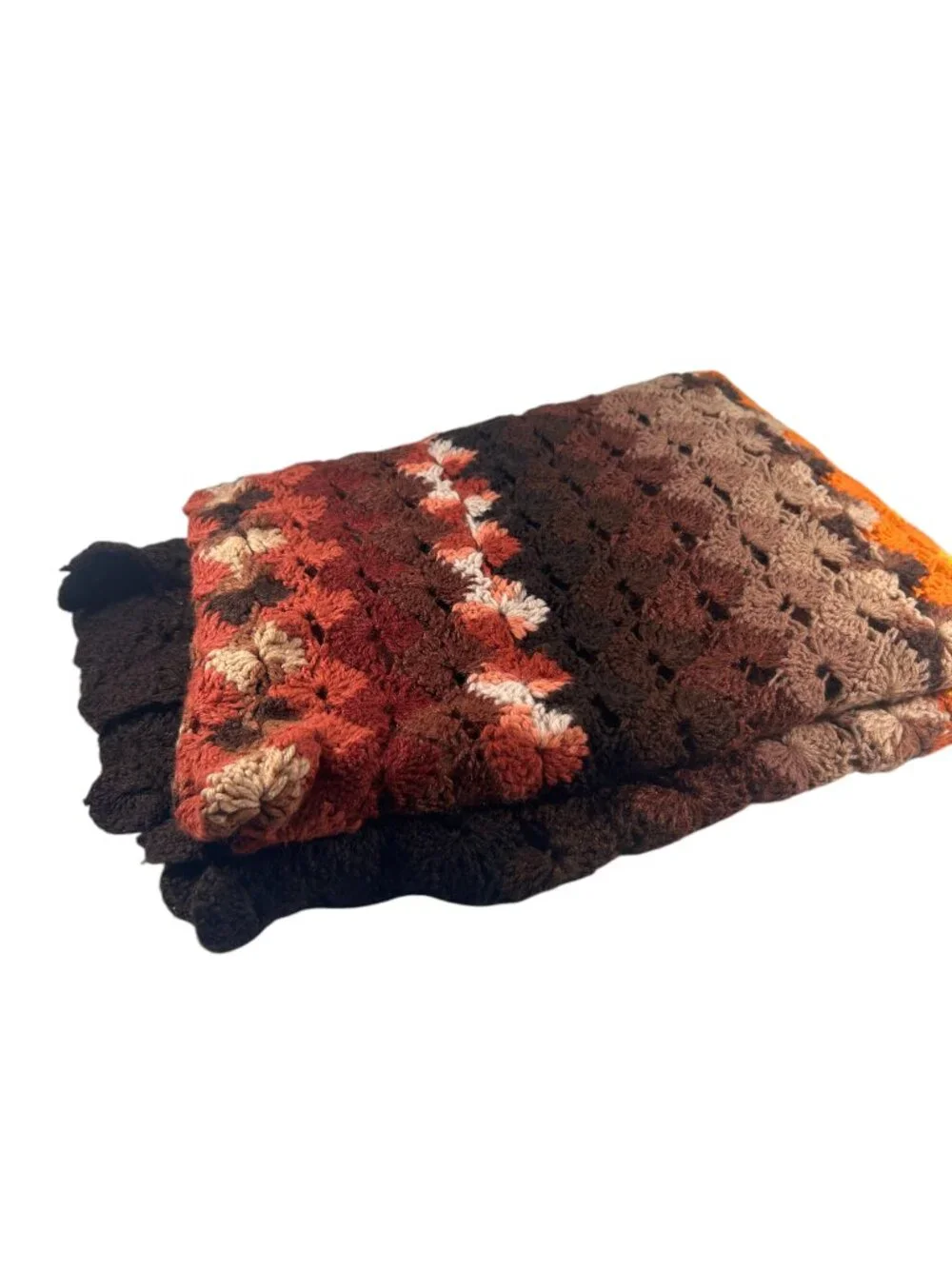 Vintage Handmade Crochet Afghan Throw Brown Orange Yellow Retro Boho Blanket